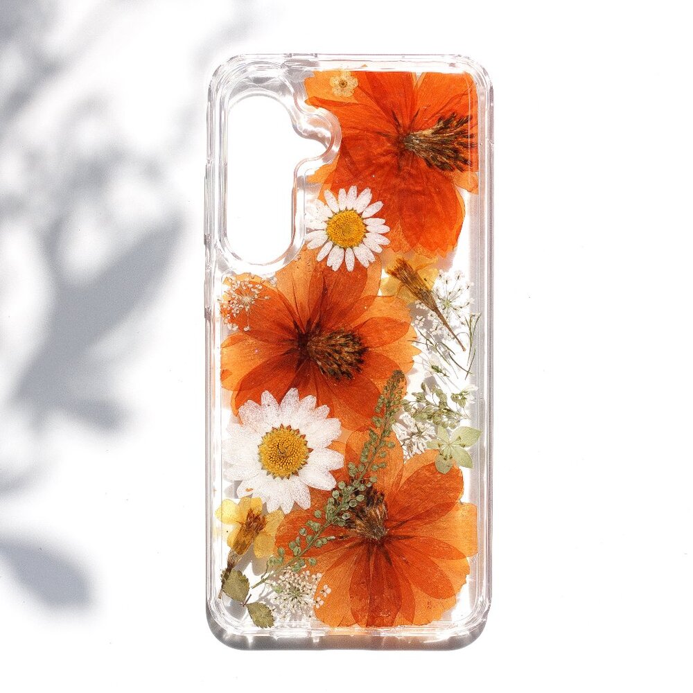 Large Orange pressed flower iphone 15 pro max 14 13 phone case cover pixel 9 8